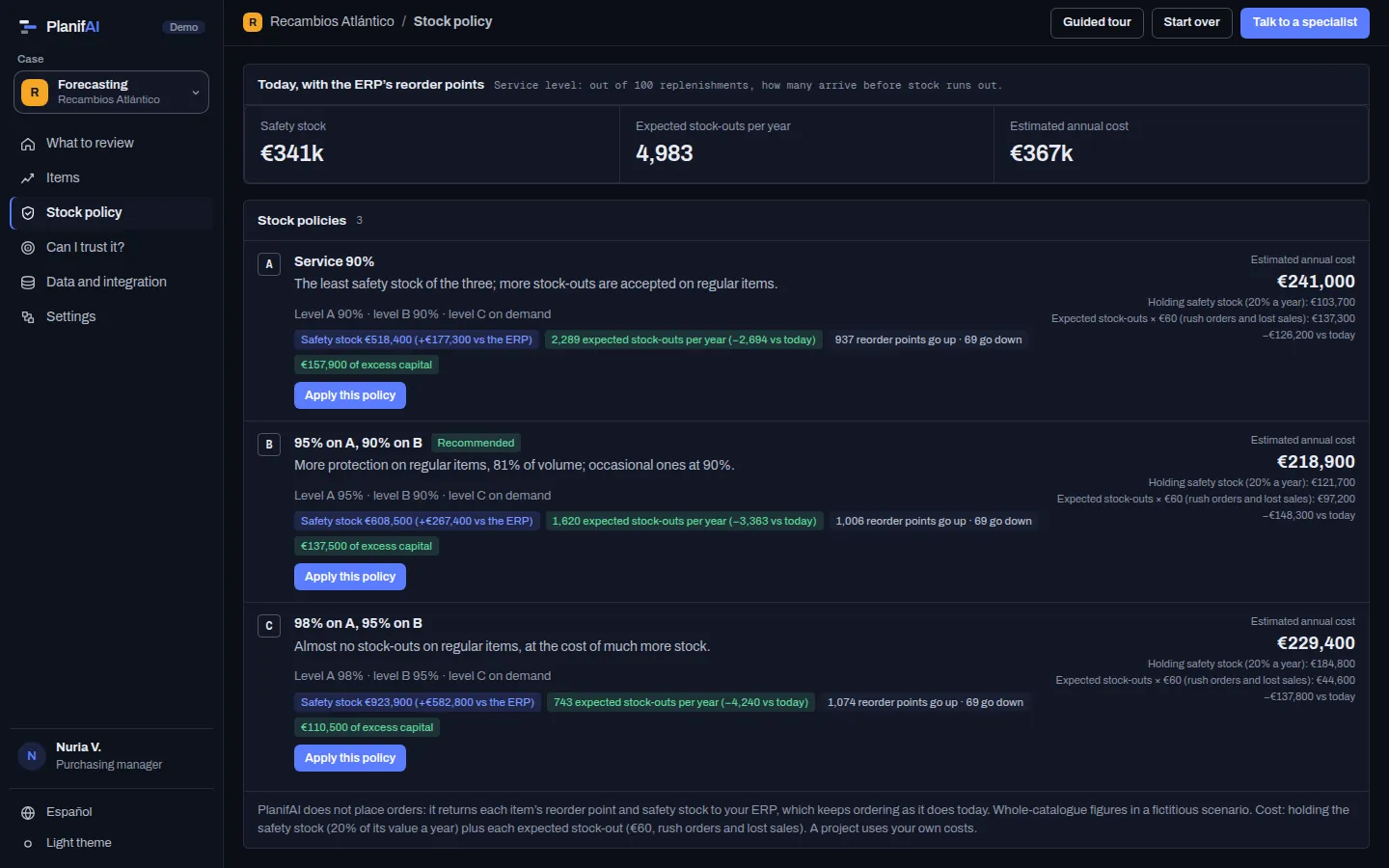 PlanifAI demo: three stock policies with their safety stock, expected stock-outs and cost