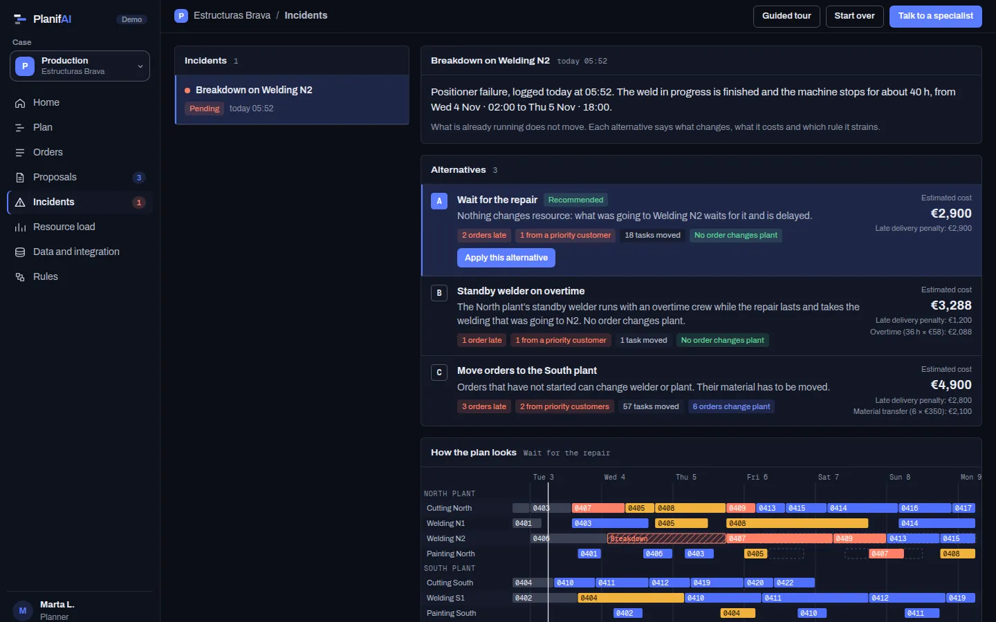 PlanifAI demo: a welder breaks down and three alternatives with their cost