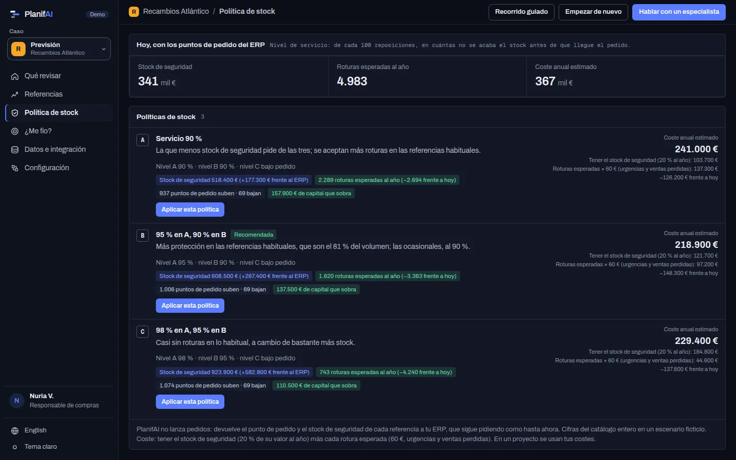 Demo de PlanifAI: tres políticas de stock con su stock de seguridad, roturas esperadas y coste