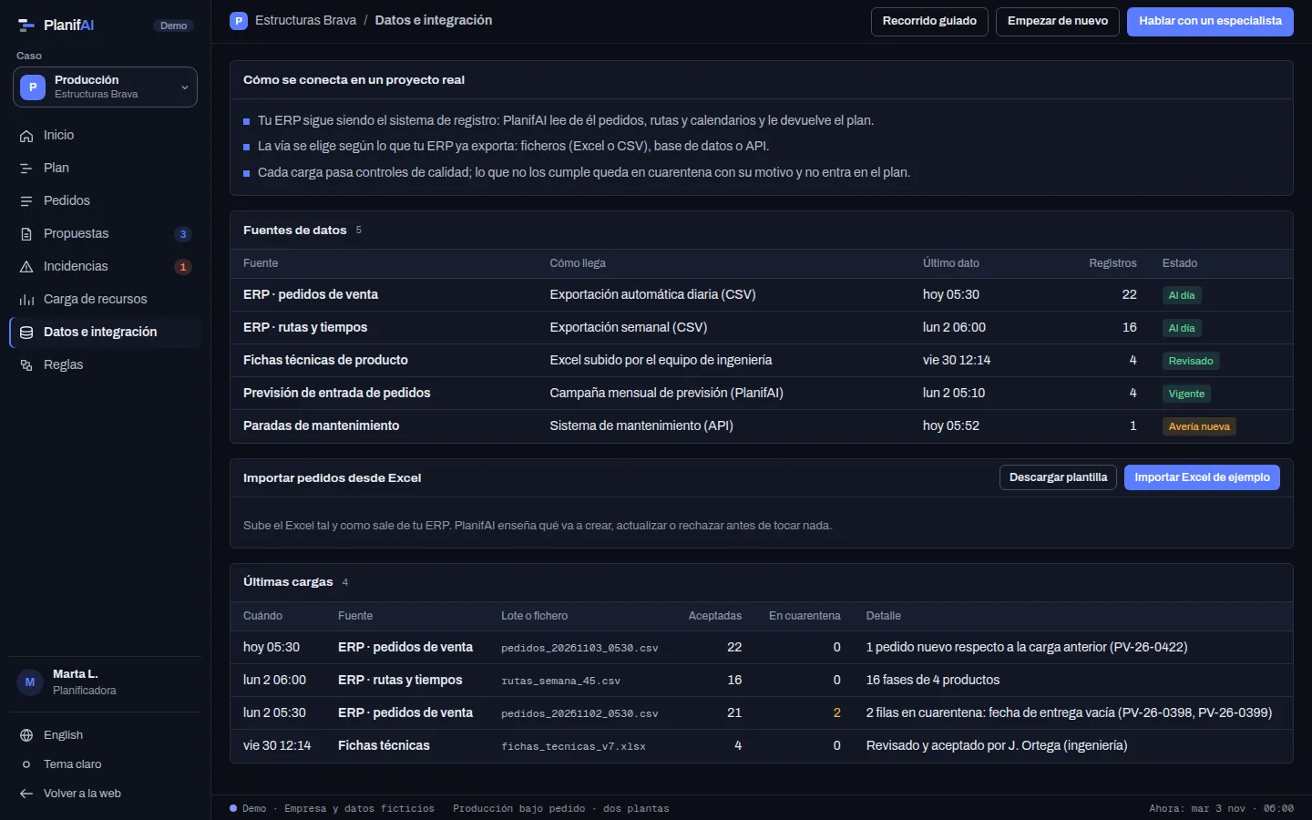 Demo de PlanifAI: fuentes de datos con la fecha del último dato, cargas y filas en cuarentena