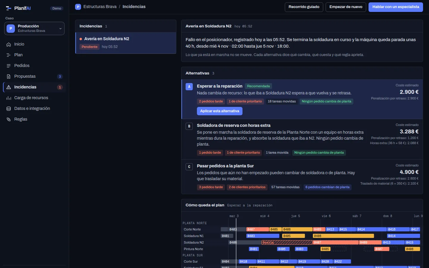 Demo de PlanifAI: avería en una soldadora y tres alternativas con su coste